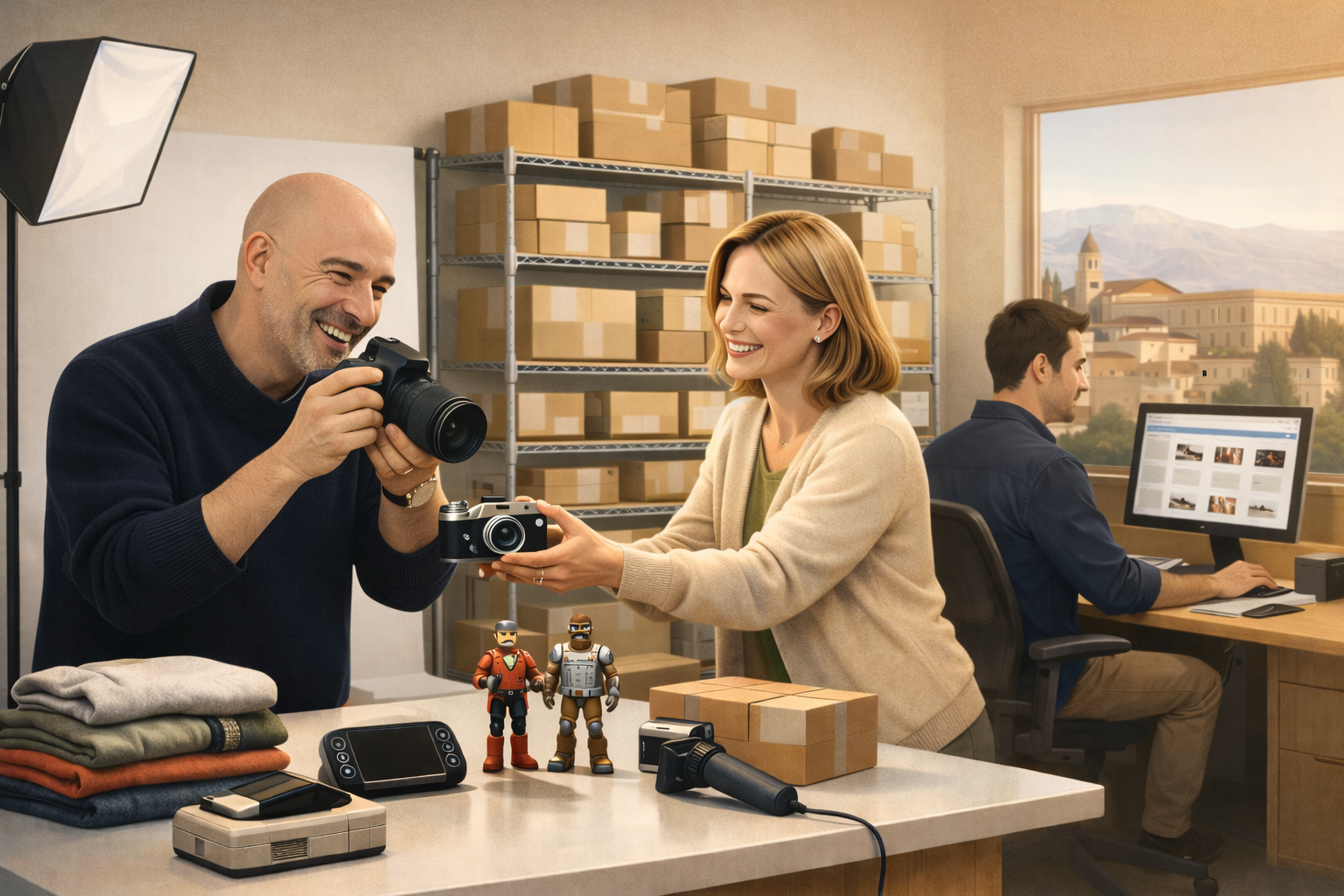 Ilustración de un servicio en Granada donde un profesional fotografía objetos de segunda mano mientras otro gestiona anuncios y envíos en un espacio ordenado
